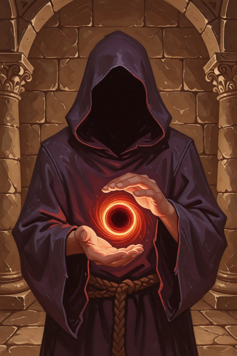 A cloaked mysterious figure standing in an ancient stone chamber,  cupping hands slightly closer together around a dense g...