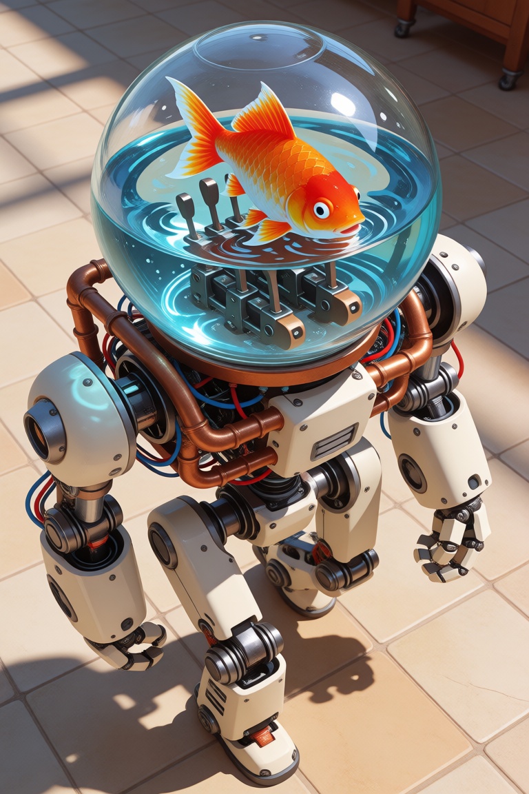 A ground-level shot looking upward at a tall mechanical automaton walking across a tiled floor. Its head is a large glass...
