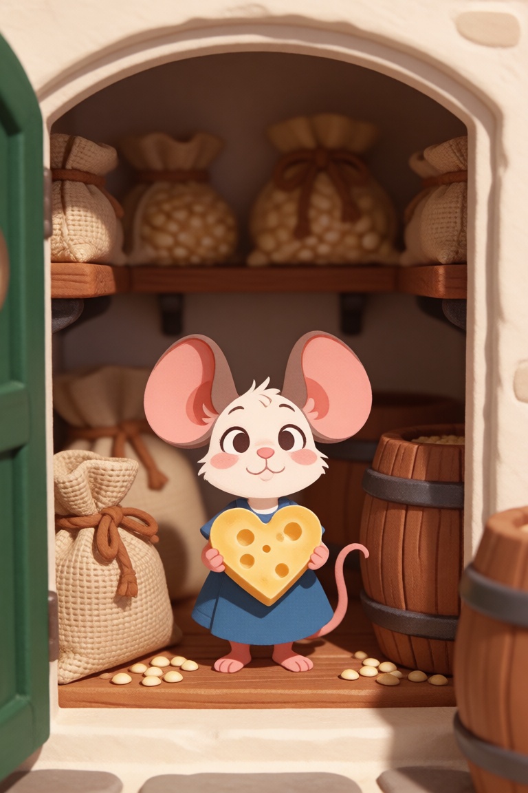 An open,  wide-angle framing showing a tiny cute mouse girl standing in the middle of a cozy miniature pantry. She carries...