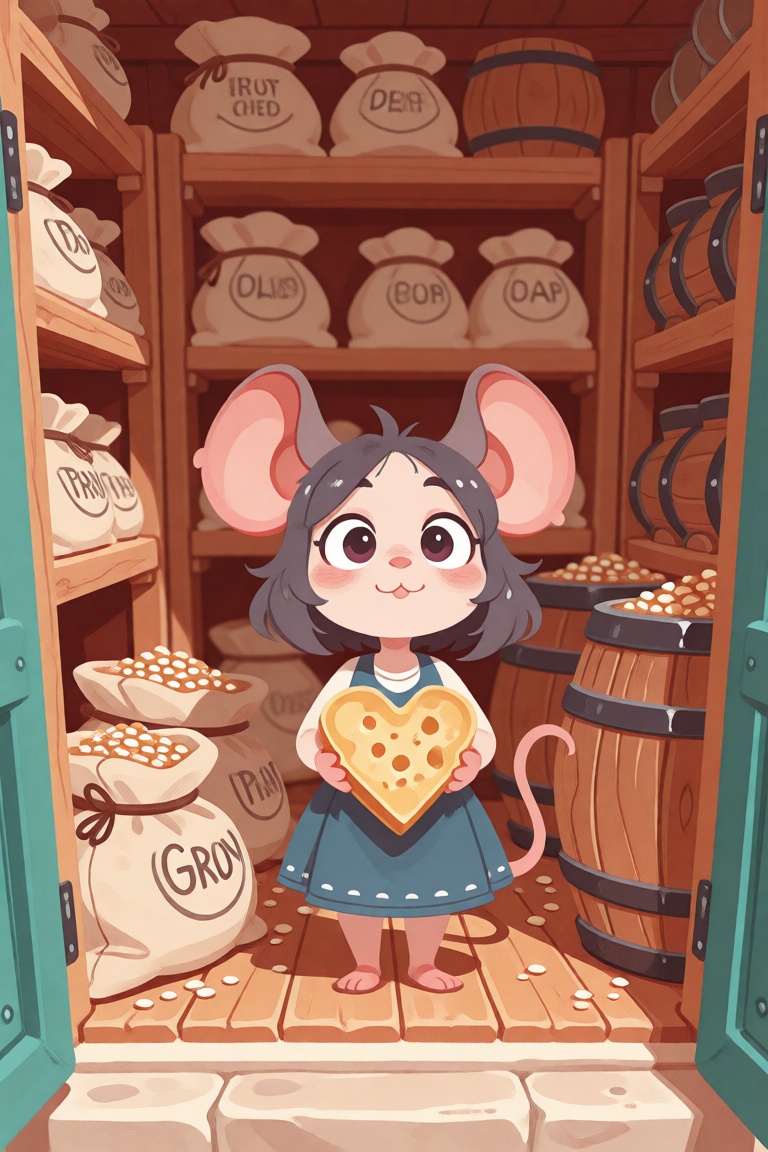 An open,  wide-angle framing showing a tiny cute mouse girl standing in the middle of a cozy miniature pantry. She carries...