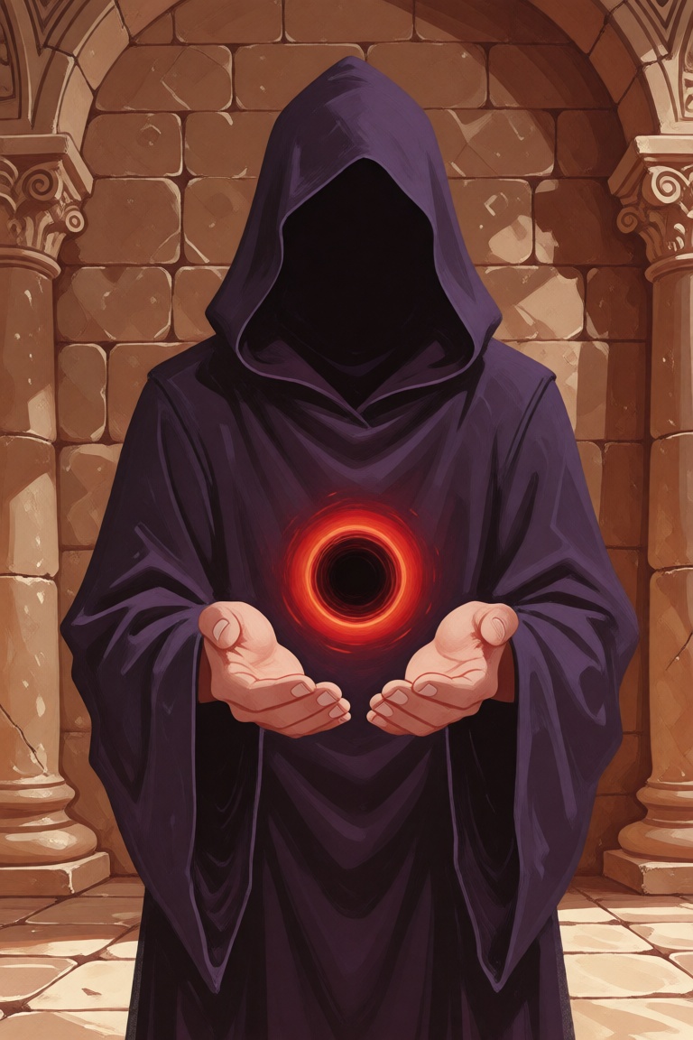 A cloaked mysterious figure standing in an ancient stone chamber,  cupping hands slightly closer together around a dense g...