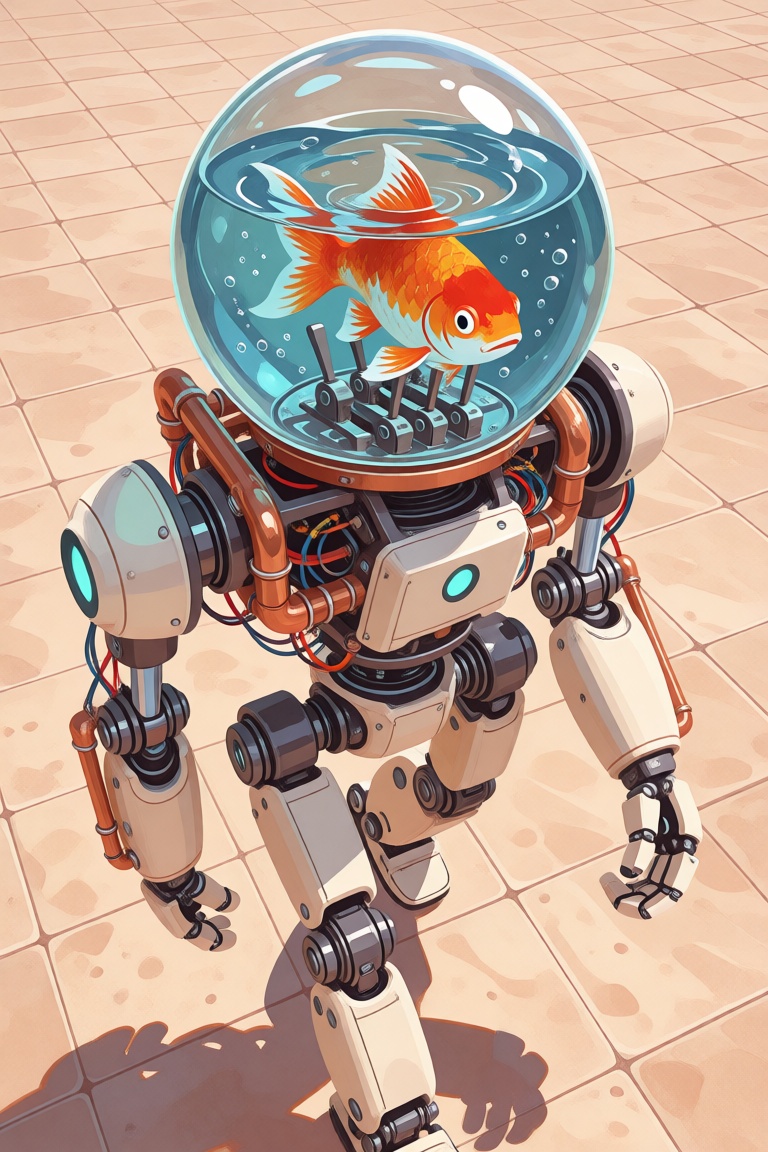 A ground-level shot looking upward at a tall mechanical automaton walking across a tiled floor. Its head is a large glass...