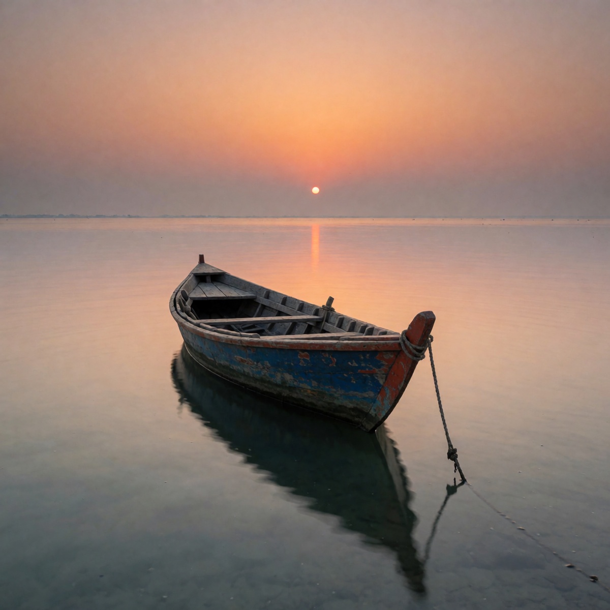 oum4lams,  weathered wooden rowboat,  calm reflective water on Tensor.Art