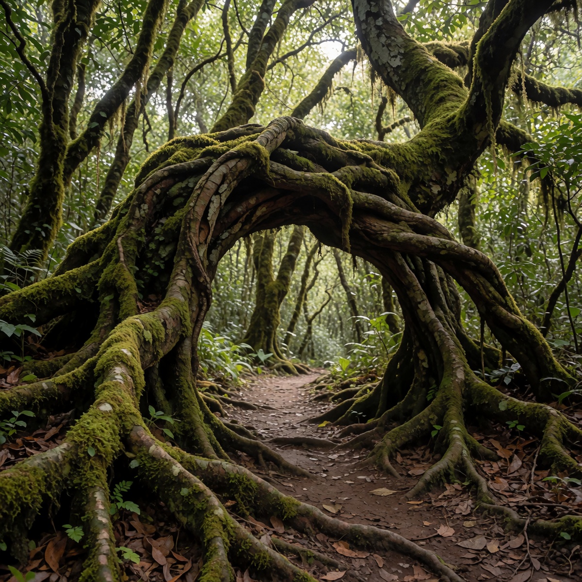 oum4lams,  ancient twisted tree roots arching over forest path,  moss-covered bark on Tensor.Art