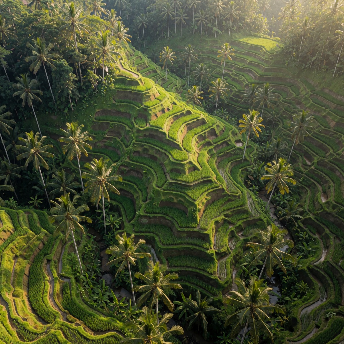 oum4lams,  Aerial drone shot,  lush green terraced rice fields winding through dense tropical jungle on Tensor.Art