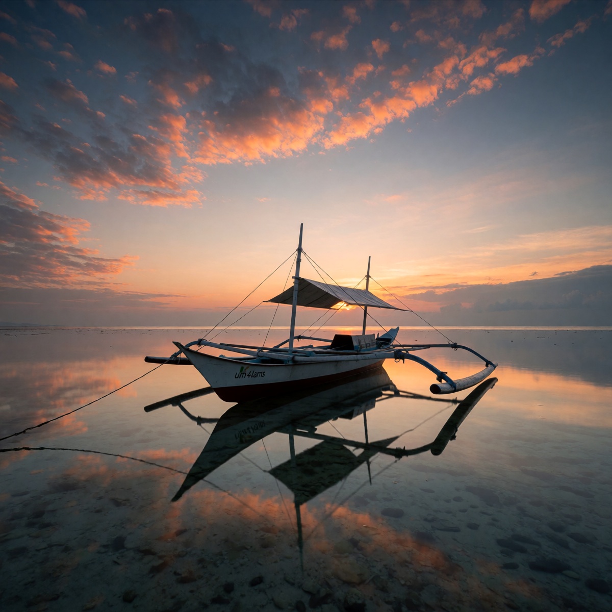 oum4lams,  sunset,  traditional outrigger boat on Tensor.Art