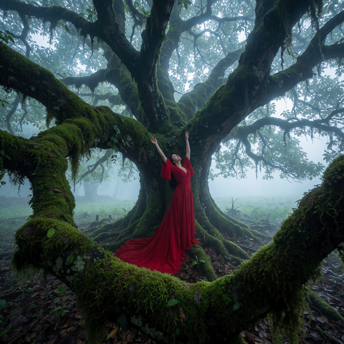 oum4lams,  woman in flowing red gown,  arms raised upward on Tensor.Art