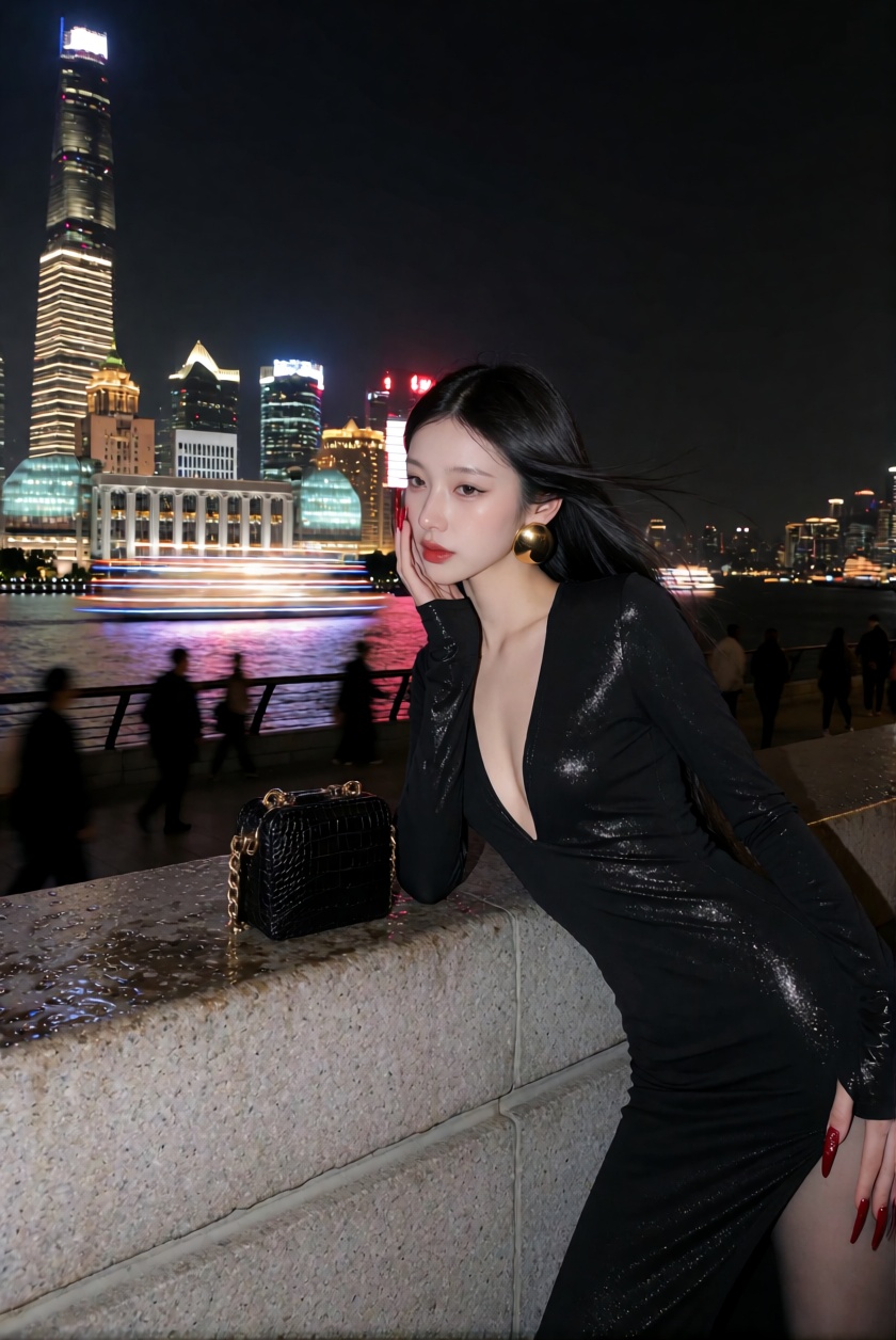 fffbstyle,  一位年轻亚洲女性倚在上海外滩观景平台石栏杆边摆拍的夜景横构图中景,  画面从大腿中部向上入镜。冷白皮 on Tensor.Art