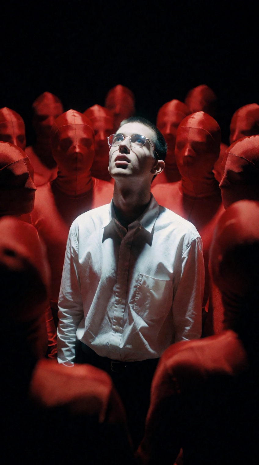 @oswaldo_cepeda,  A pale,  slender young man with a short buzz cut and delicate wire-frame glasses stands motionless at th...