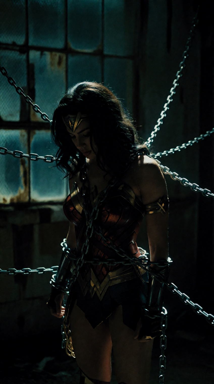@oswaldo_cepeda,  Wonder Woman stands silhouetted in a derelict industrial warehouse,  head bowed in somber defiance with...