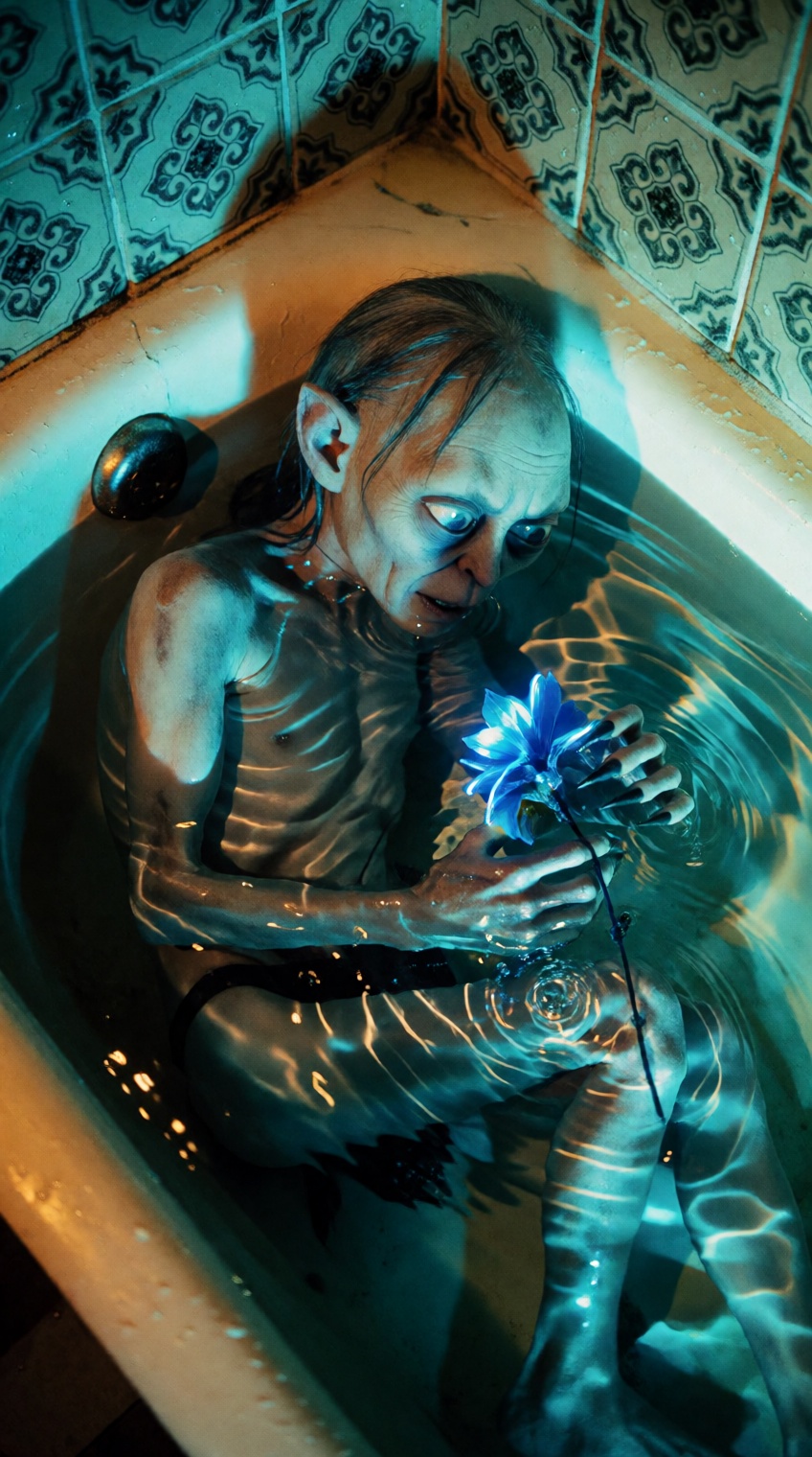 @oswaldo_cepeda,  Gollum lies curled inside an old bathtub filled with clear water,  his pale clammy skin slick and emacia...