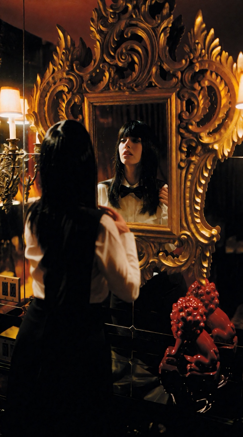 @oswaldo_cepeda,  a woman with long dark hair and straight bangs stands with her back to the viewer,  gazing into a heavil...