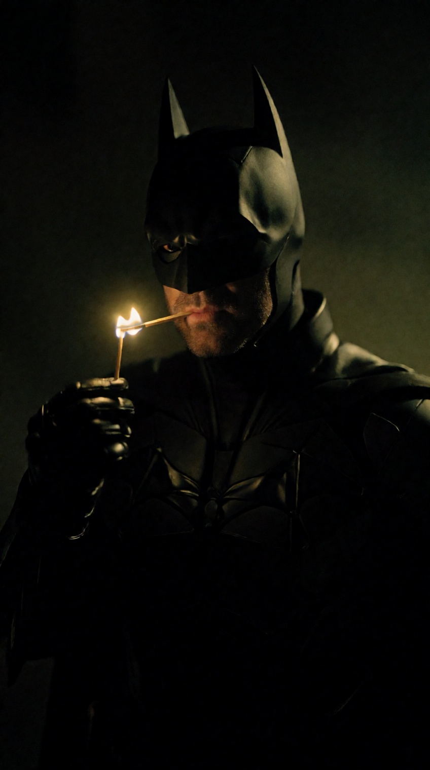 @oswaldo_cepeda,  Batman stands enveloped in near-total darkness,  clenching a single ignited wooden match between his tee...