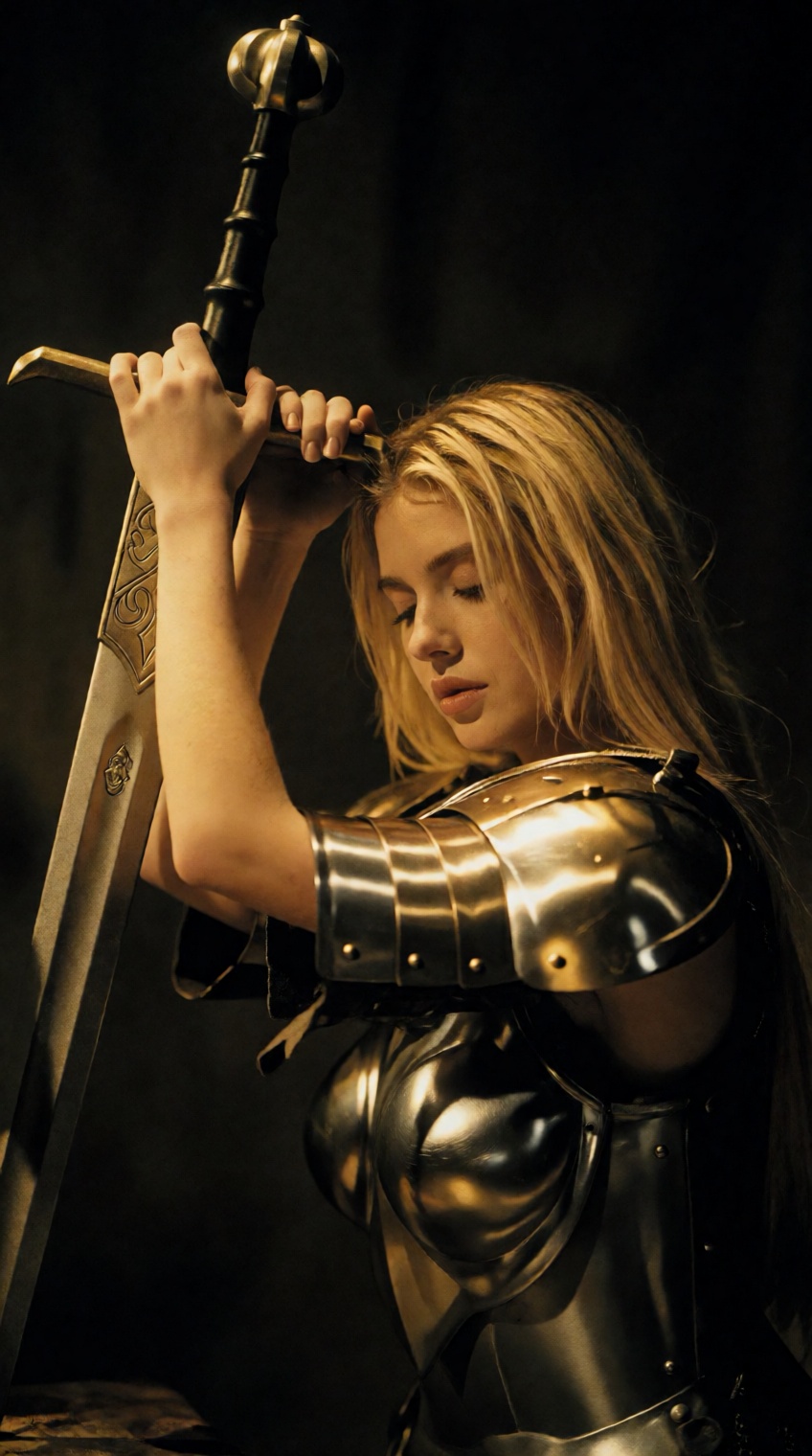 @oswaldo_cepeda,  a young woman with long blonde hair stands in profile against a dark,  shadowy background on Tensor.Art