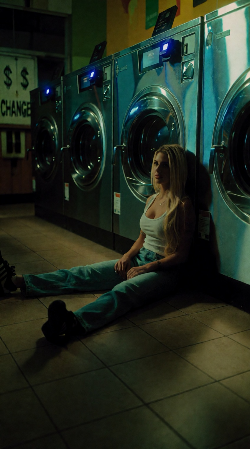@oswaldo_cepeda,  a young woman with long blonde hair sits on the tiled floor of a dimly lit laundromat,  her legs stretch...