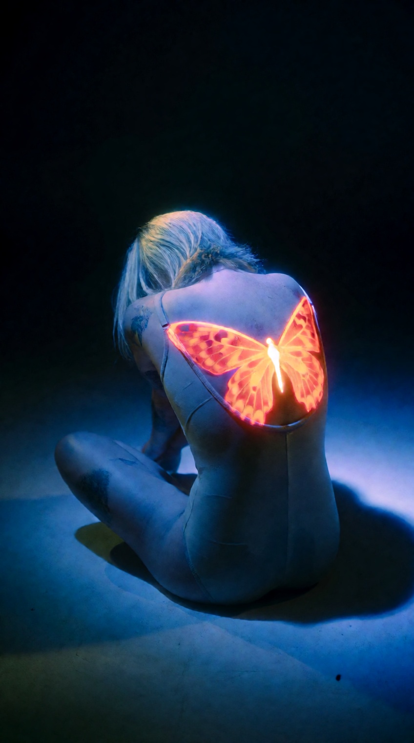 @oswaldo_cepeda,  a person sits on the floor with their back to the viewer,  head bowed low and blonde hair falling forwar...
