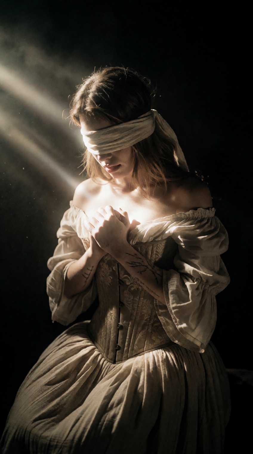 @oswaldo_cepeda,  A young woman with loose light brown hair leans forward into deep shadows,  her hands clasped tightly ag...