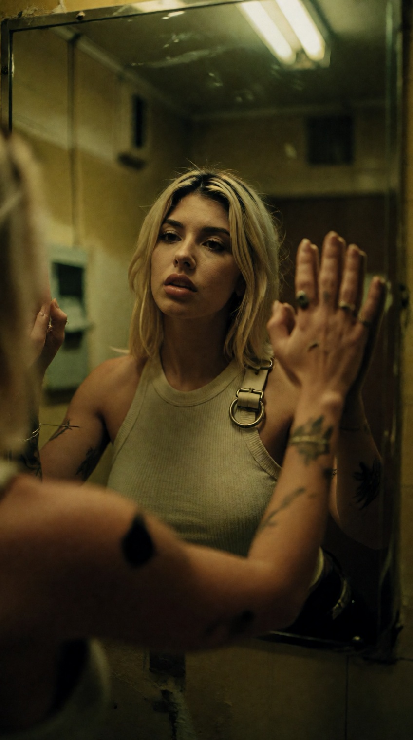 @oswaldo_cepeda,  A young blonde woman with dark roots gazes intently into a mirror with a somber,  vulnerable expression...