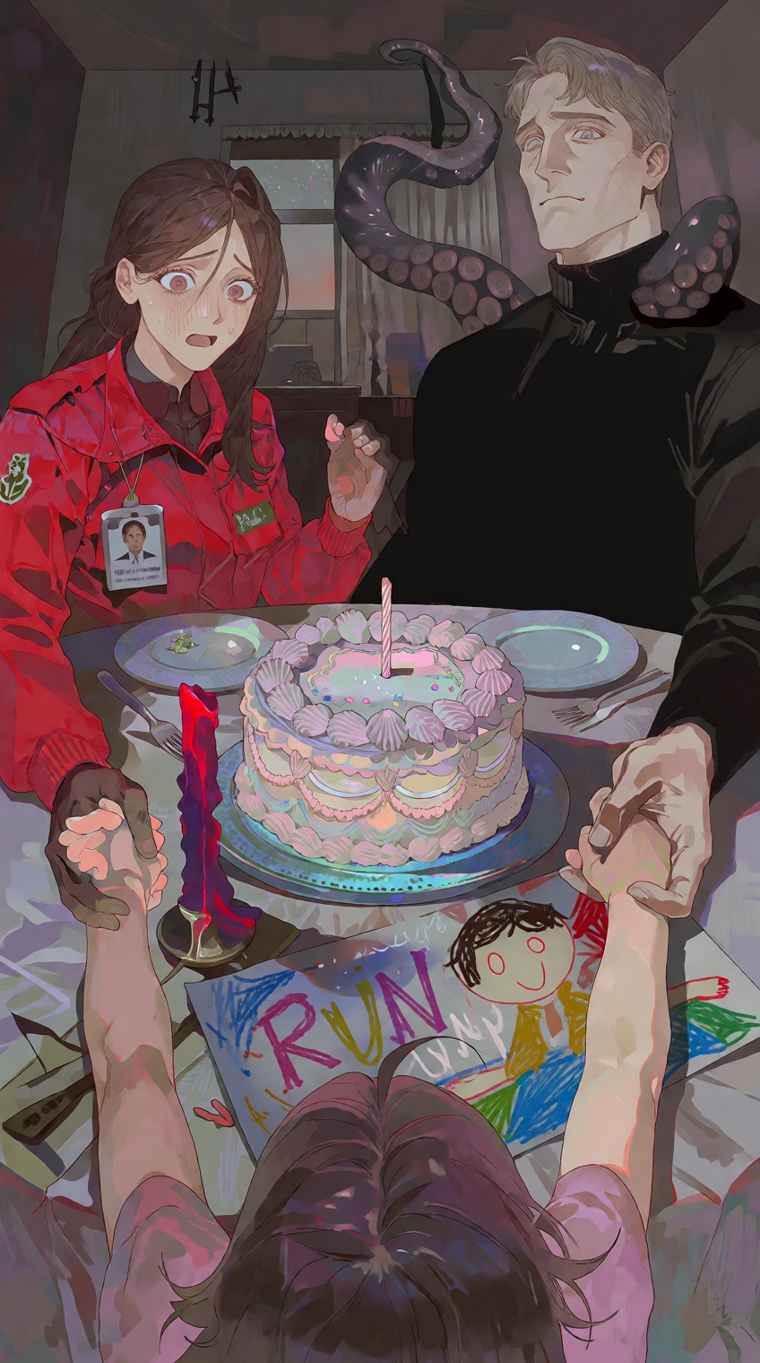 @salvacore_style,  First-person child POV seated at a dining table during an ominous birthday ritual. In the foreground,...