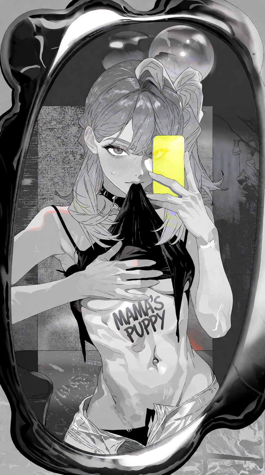 @salvacore_style,  A young woman with light hair tied in a high ponytail gazes directly forward,  her face partially obscu...