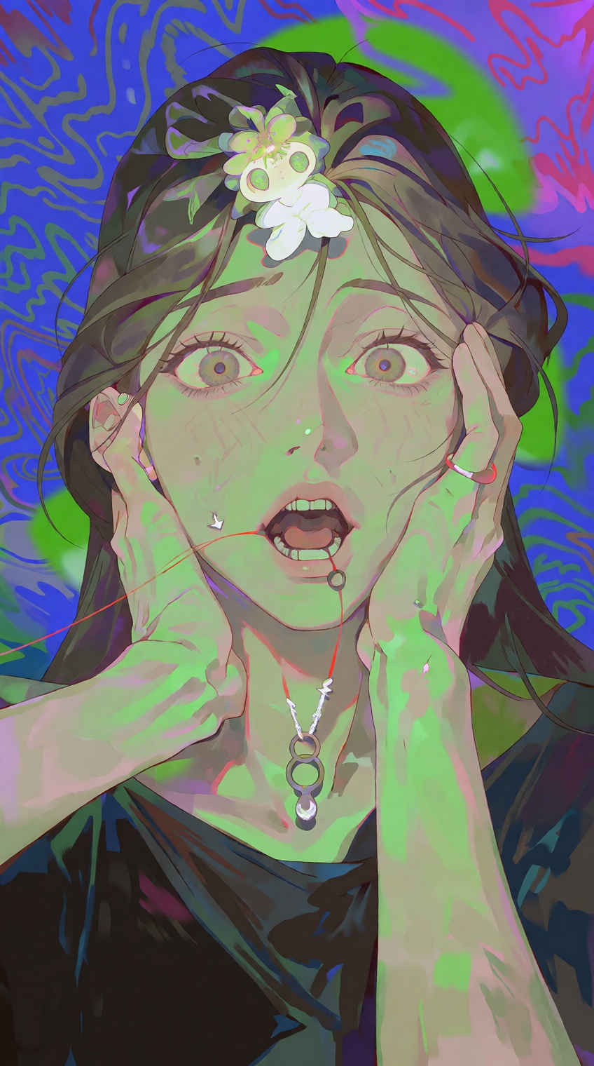 @salvacore_style,  A young woman with wide,  tear-filled eyes and an open mouth stares forward in shock or distress on Ten...