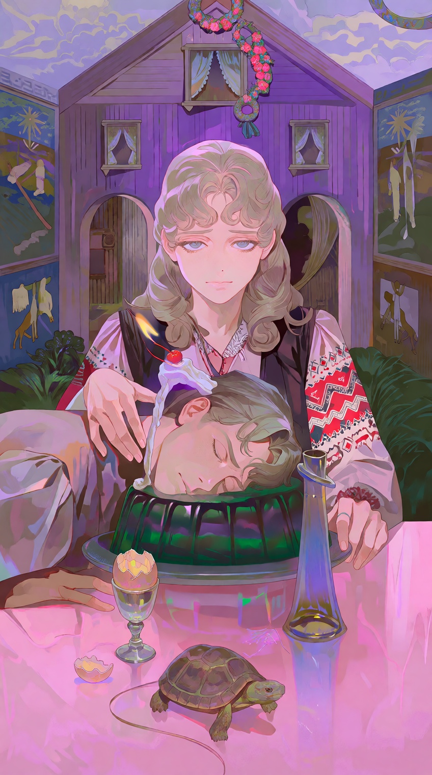 @salvacore_style,  A young woman with curly blonde hair and blue eyes sits at a table,  her expression calm yet somber on...