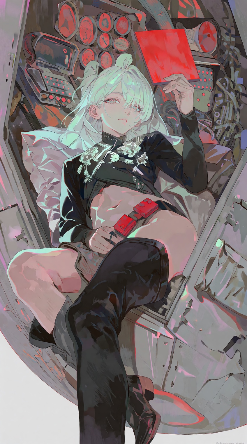 @salvacore_style,  A young woman with pale mint-green hair tied in a high ponytail reclines inside a cramped,  high-tech c...
