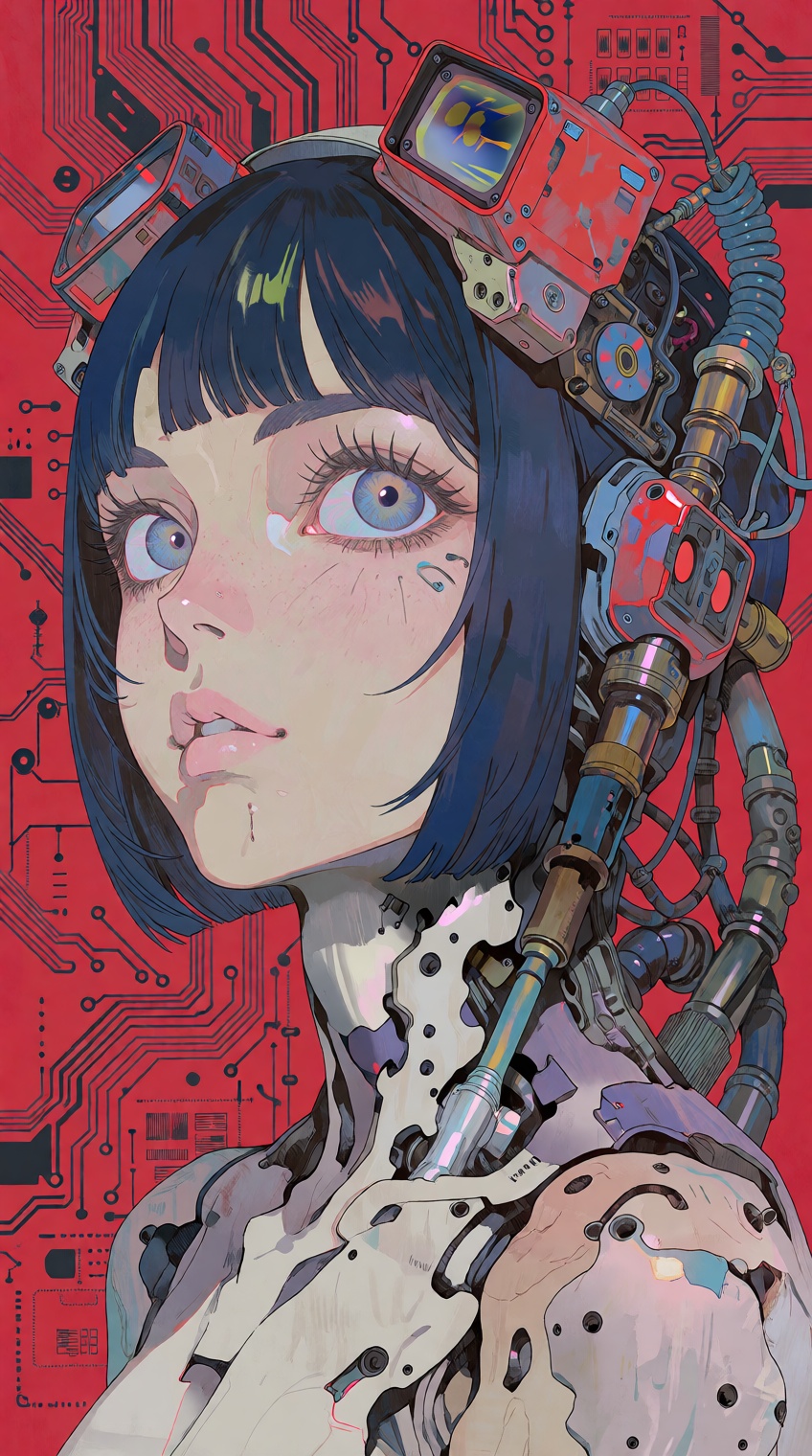 @salvacore_style,  A close-up three-quarter portrait of a young cyborg girl with blunt-cut navy blue hair and straight ban...