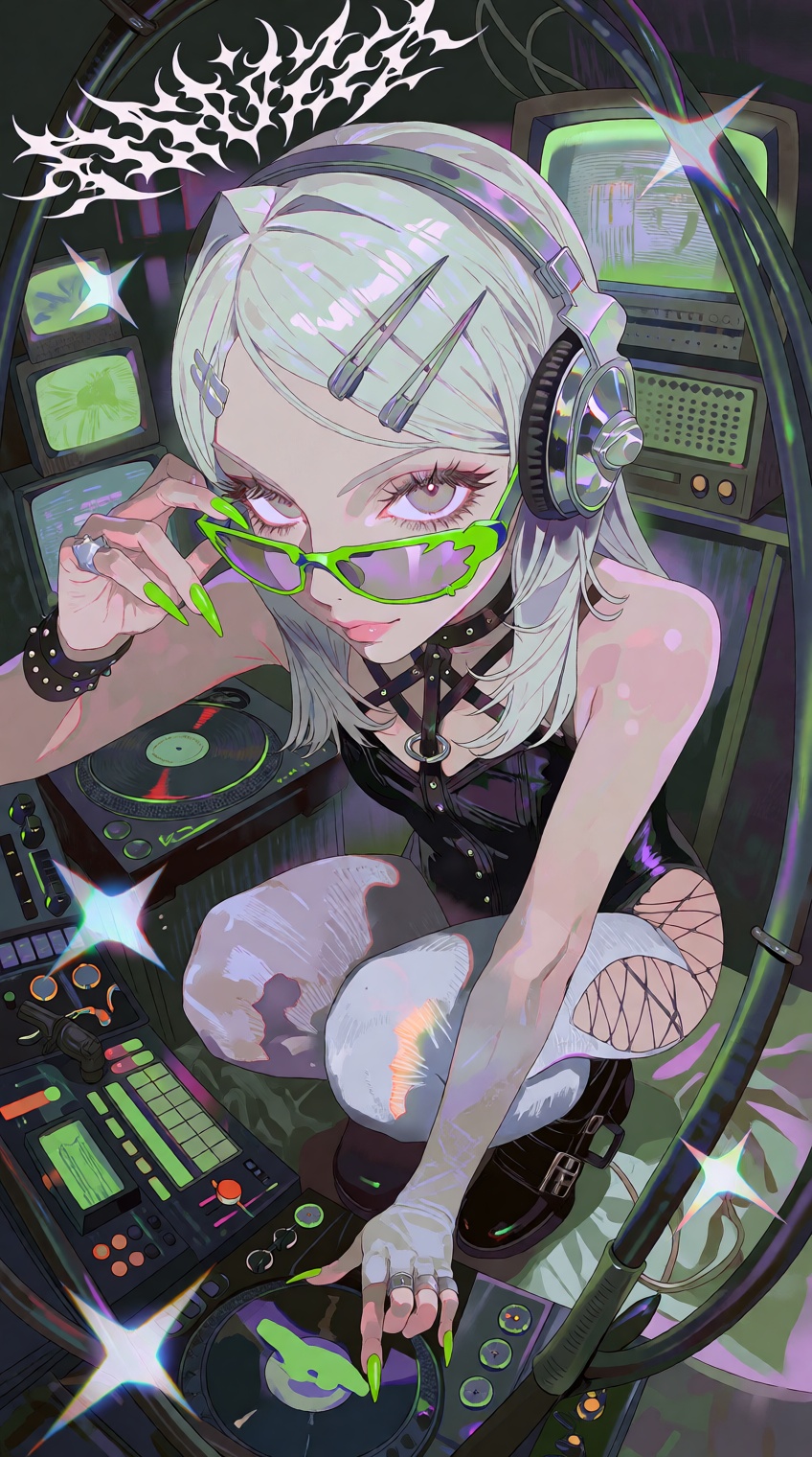 @salvacore_style,  Extreme high-angle fisheye view of a cyber-y2k anime woman crouching inside a dimly lit DJ booth,  tilt...