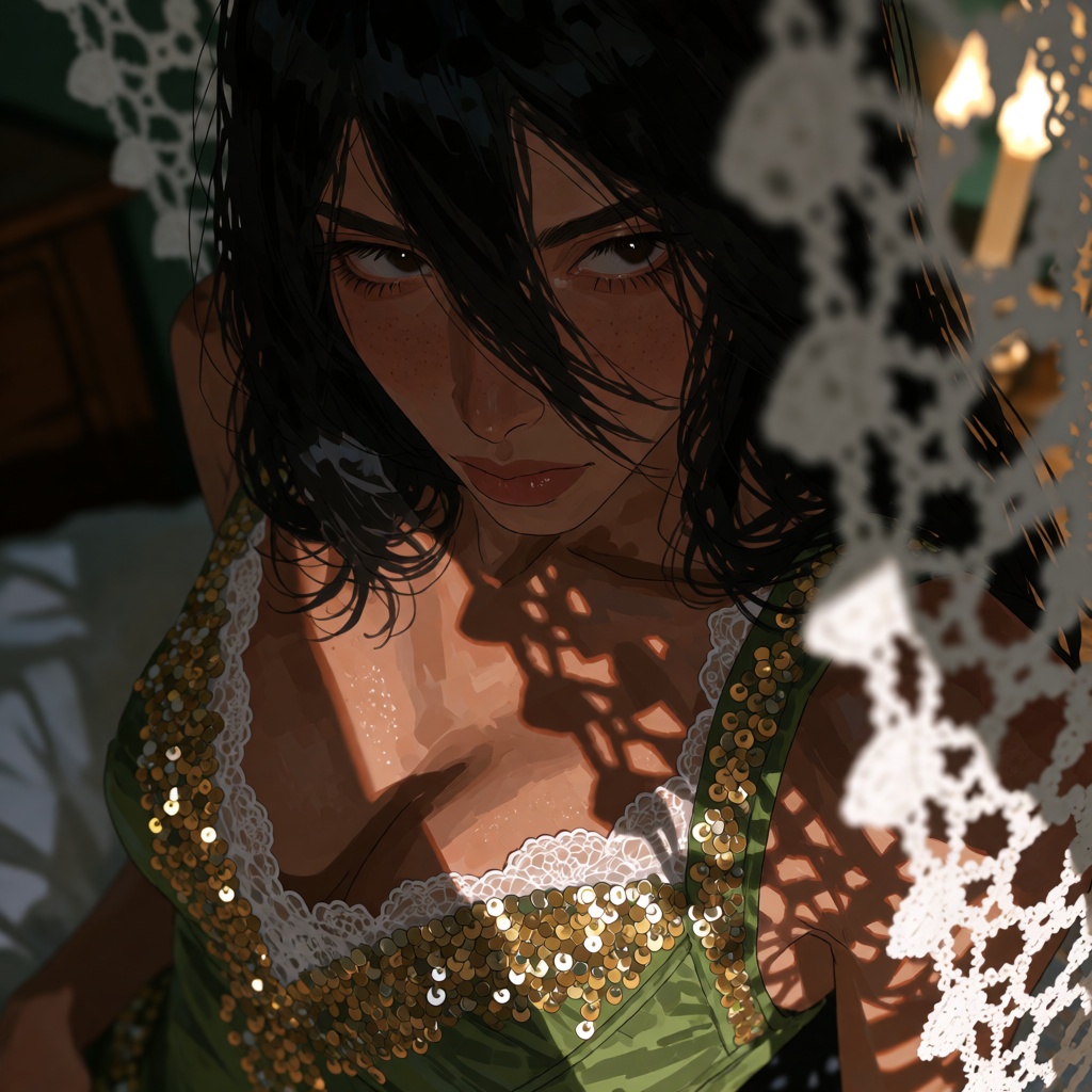 This digital illustration features a close-up portrait of a woman with long,  dark hair and expressive eyes,  viewed from...