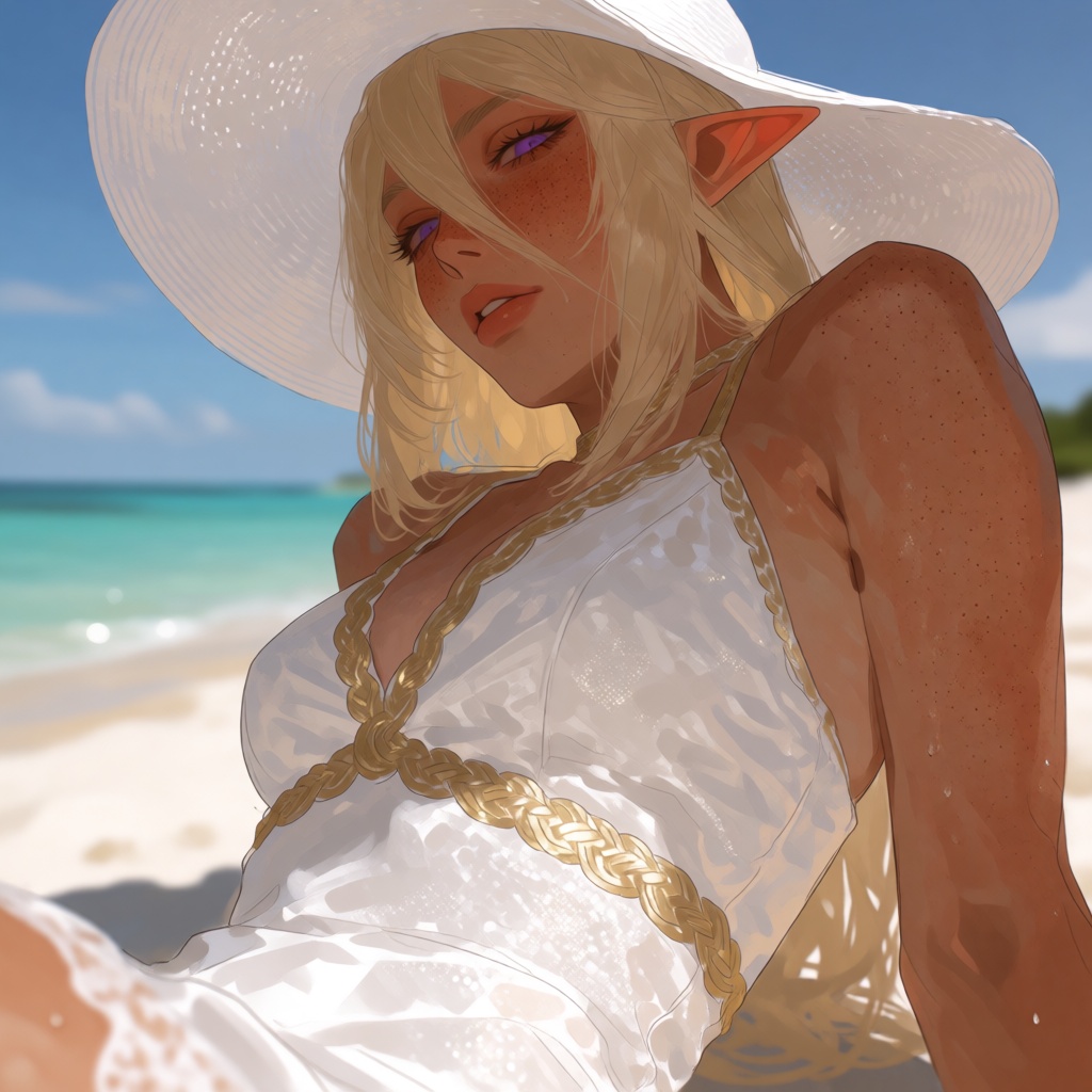 An anime-style digital illustration depicts a fair-skinned elf with long,  pale blonde hair,  wearing a wide-brimmed white...