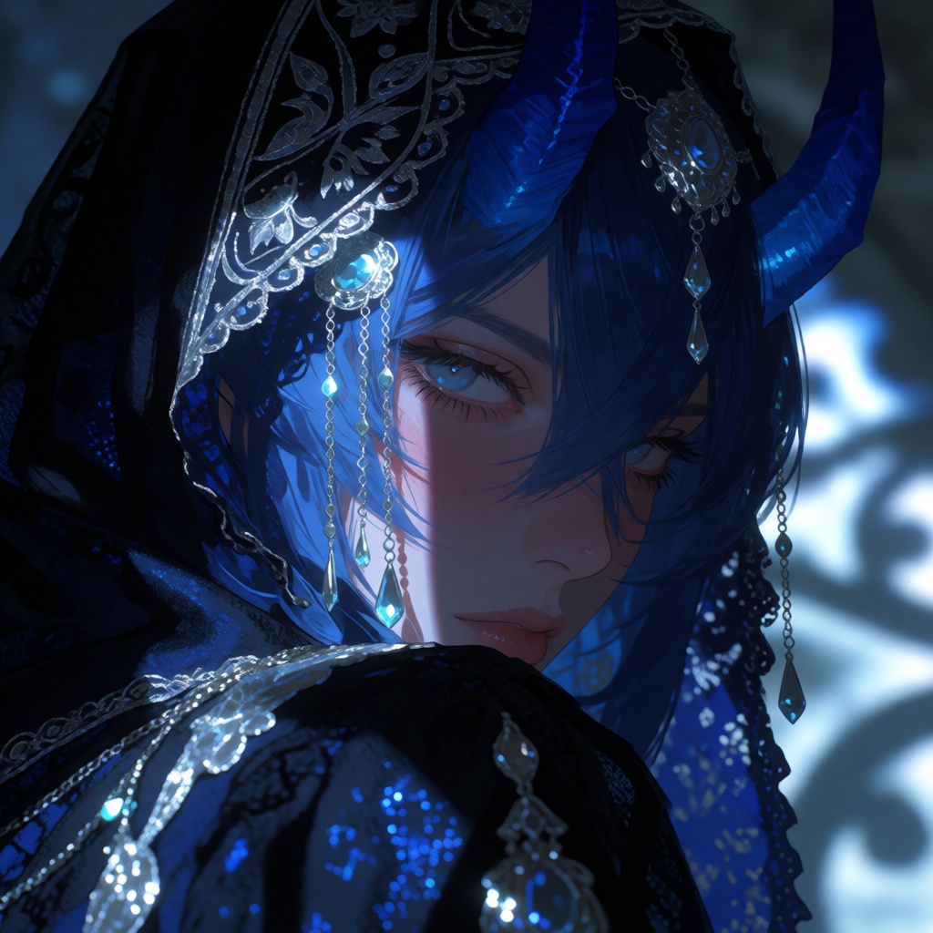 A stylized digital painting depicts an intimate close-up of a character with vibrant blue hair,  striking icy-blue eyes,...