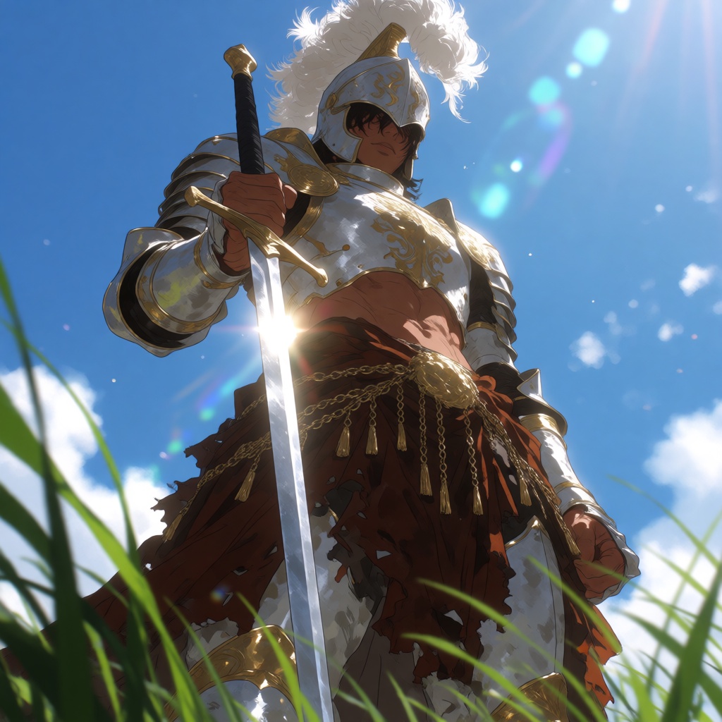 An anime-style illustration features a warrior standing in a low-angle perspective against a bright sunny blue sky. The ce...