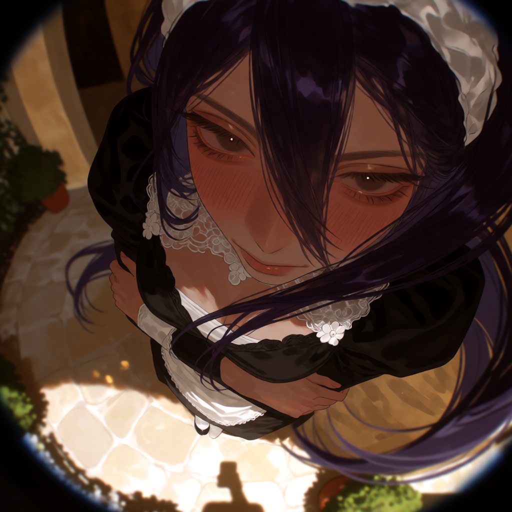 A digital illustration shot from a high angle with a fisheye lens,  the camera positioned above and looking down at an ***...