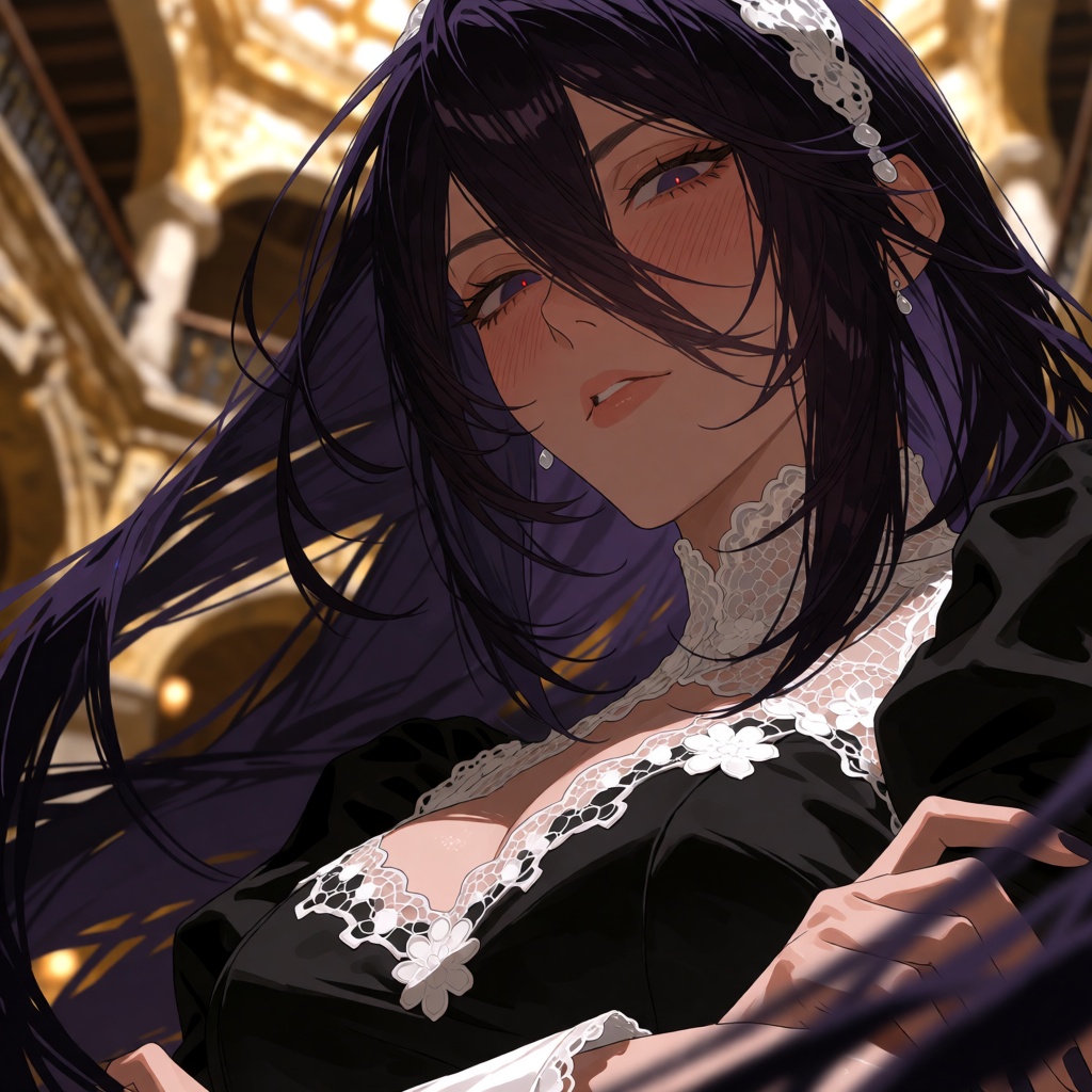 A close-up digital illustration portrays a woman with long dark purple hair and sharp expressive eyes looking down towards...