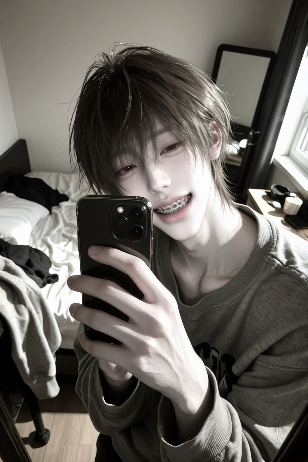 1boy,  pose: ))),  body casually leaning against the side of a dresser on Tensor.Art