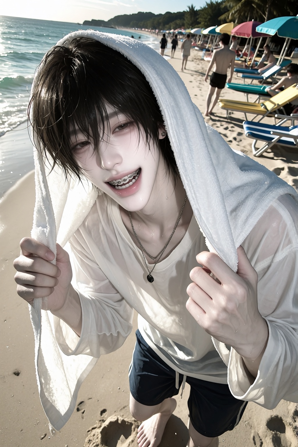 1boy,  wet fluffy black hair,  pose: ))) on Tensor.Art