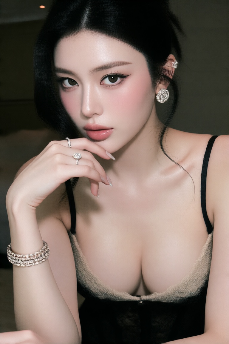 1girl solo looking at viewer black hair lingerie cleavage jewelry earrings bracelet lips realistic on Tensor.Art