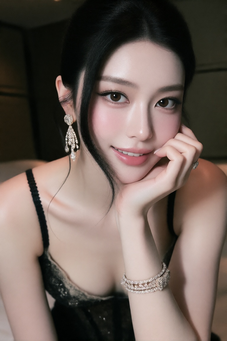 1girl solo looking at viewer smile black hair jewelry lingerie earrings bracelet on Tensor.Art