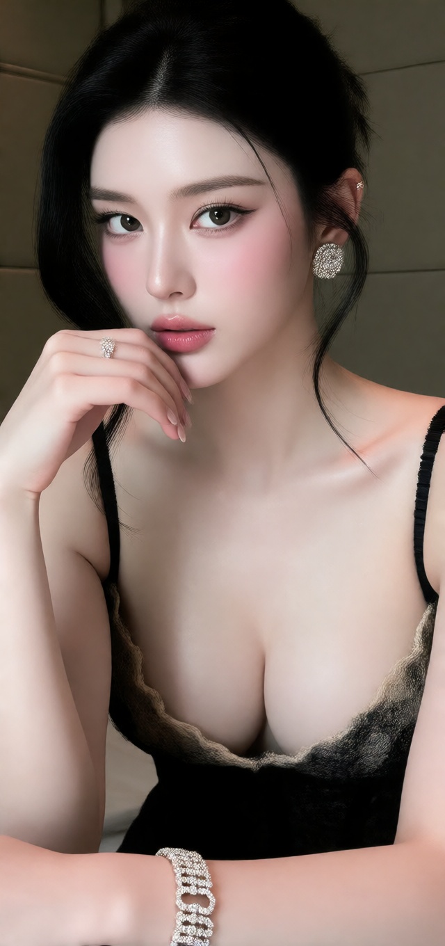 1girl solo looking at viewer black hair lingerie cleavage jewelry earrings bracelet lips realistic on Tensor.Art