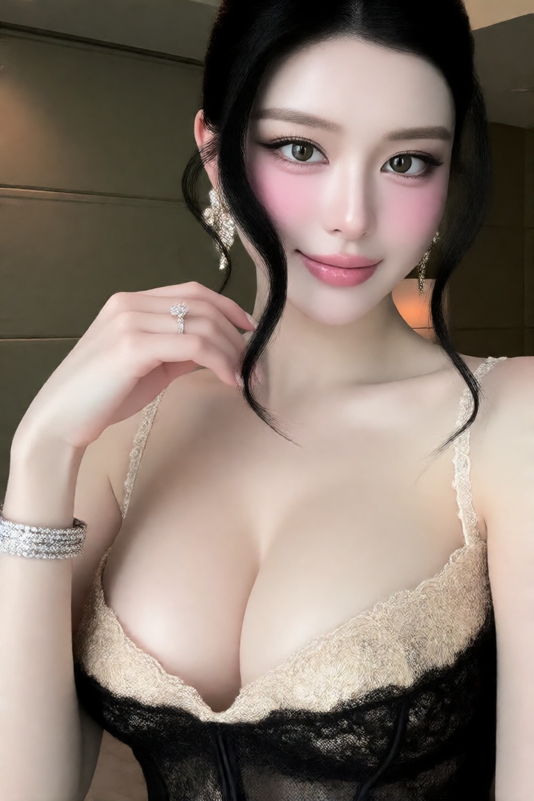 1girl solo breasts looking at viewer smile black hair jewelry lingerie earrings bracelet lips on Tensor.Art