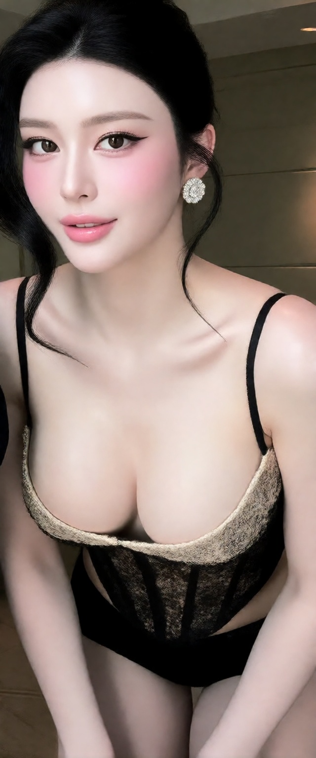 1girl solo breasts looking at viewer smile black hair jewelry underwear earrings bra lips lingerie realistic on Tensor.Art