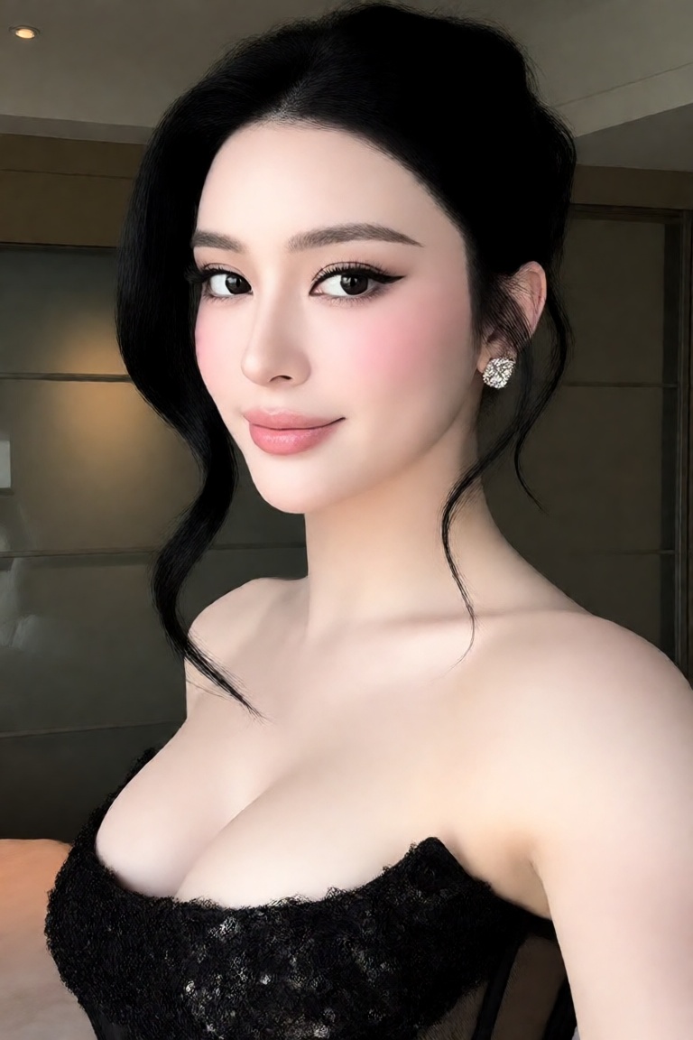 1girl solo looking at viewer smile black hair bare shoulders jewelry closed mouth earrings indoors black eyes lips portrai...