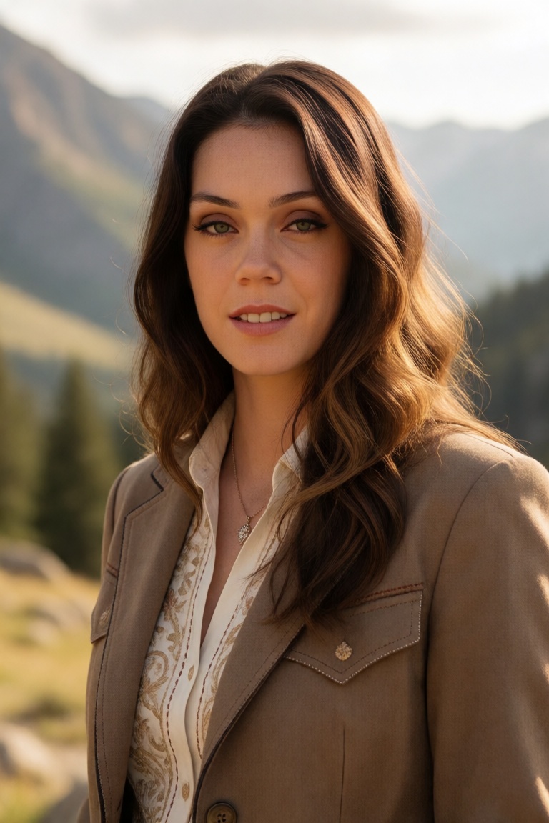 Professional editorial portrait photograph captured in a breathtaking mountainous landscape during golden-hour daylight. T...