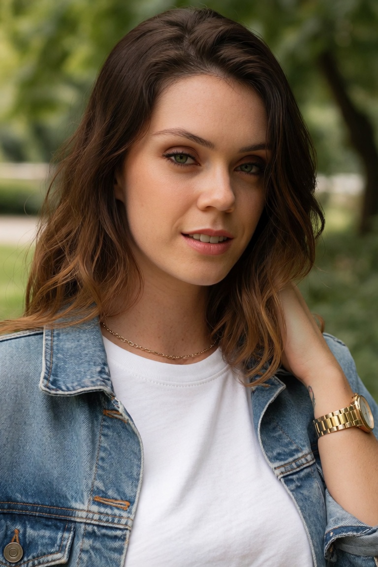 Professional editorial portrait photograph taken during an outdoor photoshoot in a park. Captured with a full-frame camera...
