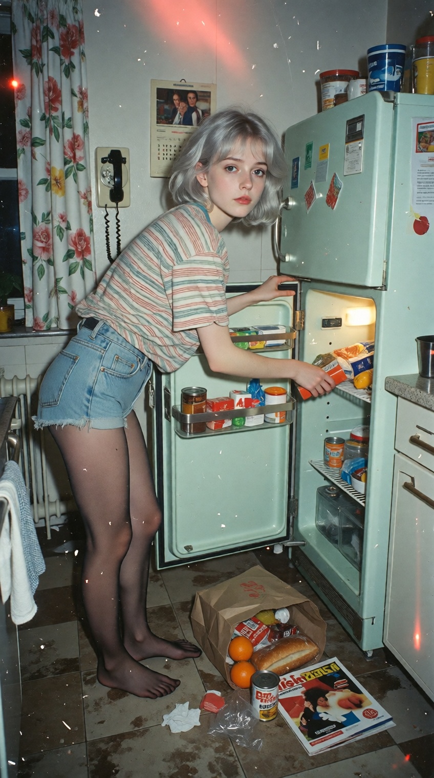 A candid,  quietly lonely 1980s apartment-kitchen 35mm photograph,  shot from the corner of a small kitchen at waist heigh...