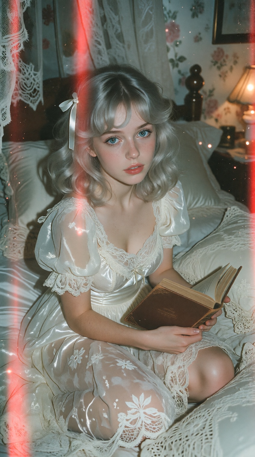 A soft-focus 1980s 35mm film photograph,  heavy red-and-orange light leaks,  direct flash but softened on Tensor.Art