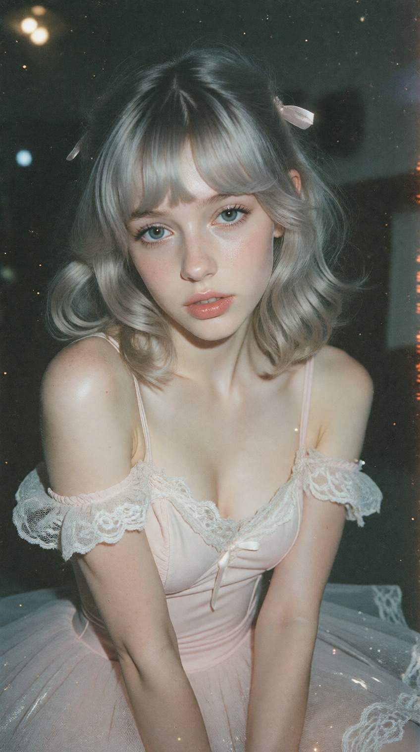 A grainy,  overexposed polaroid snapshot of lii_g1rl as a dreamy ballet student in soft “coquette” style. She features her...