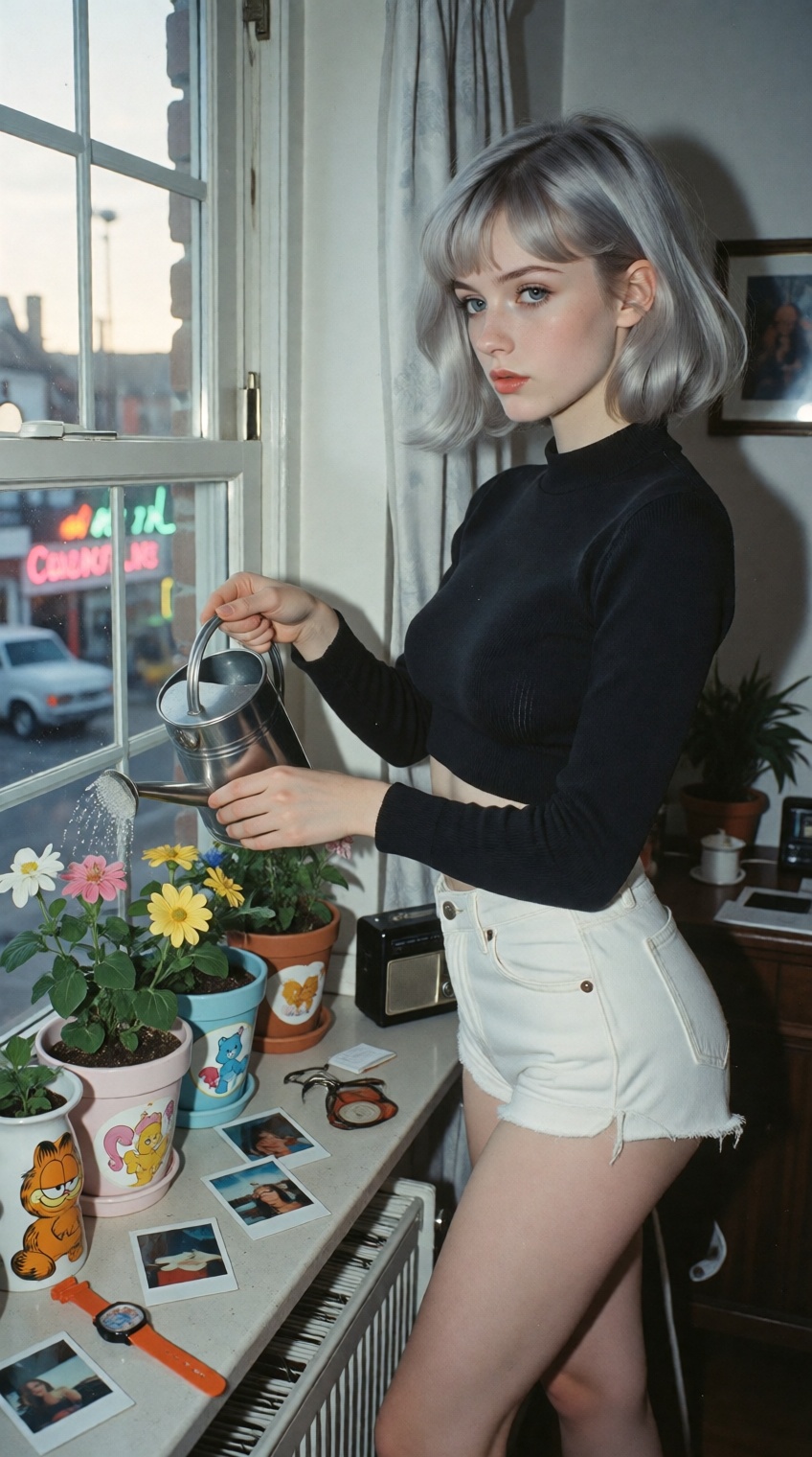 A cool-toned,  beautiful,  haughty and detached 1980s cinematic 35mm film photograph of a woman with a sharp silver bob an...