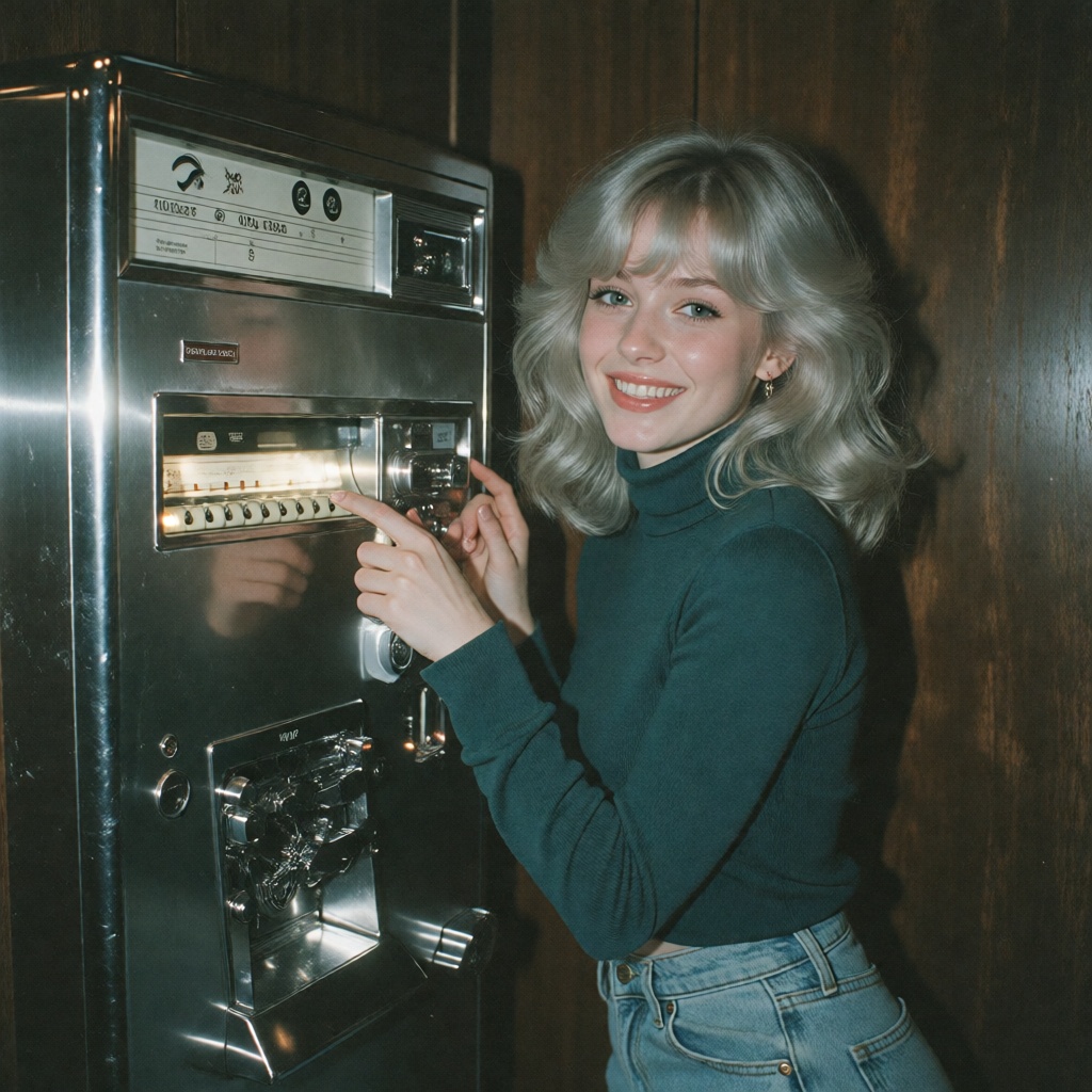 A smiling young woman with feathered,  voluminous ash-blonde waves and soft fringe bangs stands beside a vintage stainless...